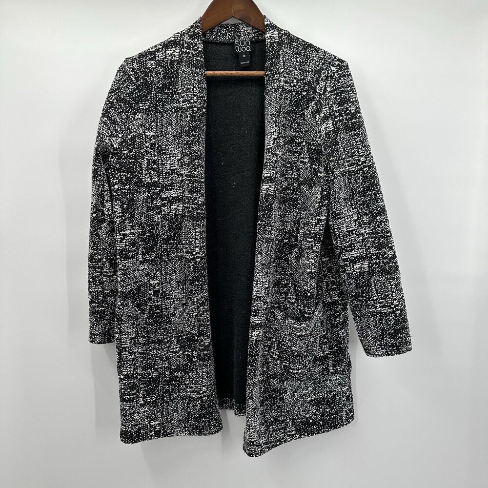 Clara Sun Woo Cardigan Womens Medium Black Open Woven Office Business Sweater
